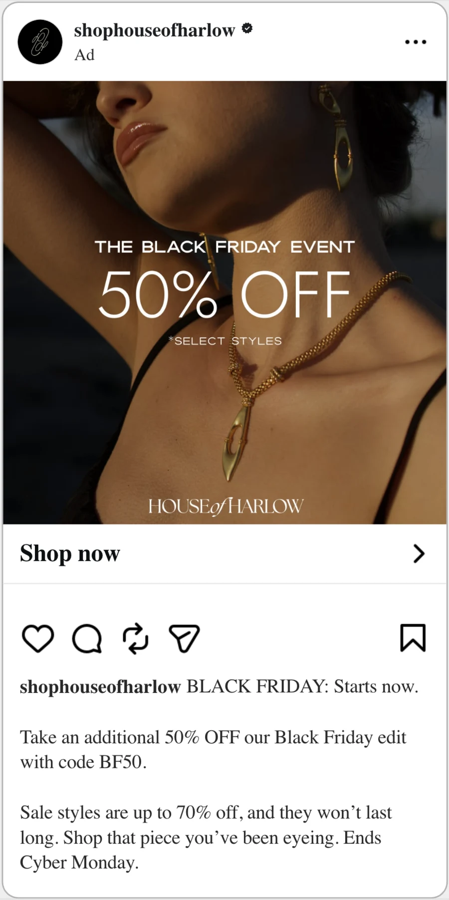 House of Harlow 50% Off Black Friday Meta ad, necklace closeup
