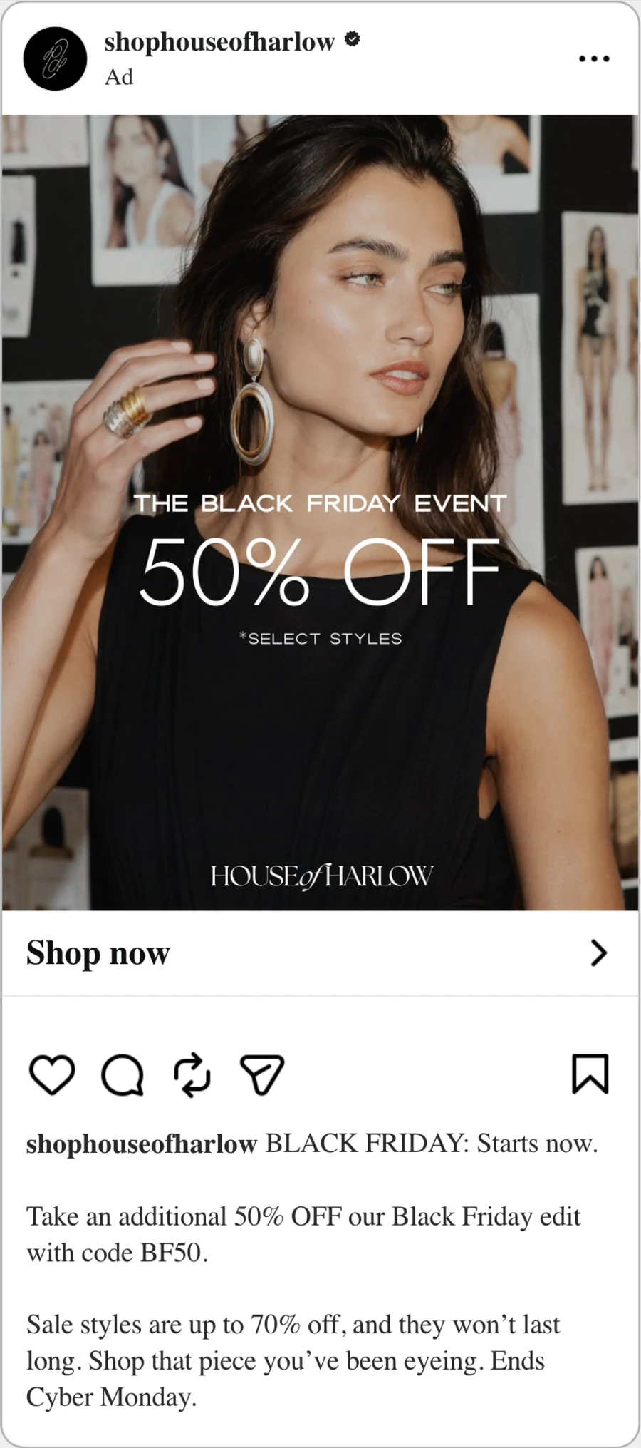 House of Harlow 50% Off Black Friday Meta ad, photo wall portrait