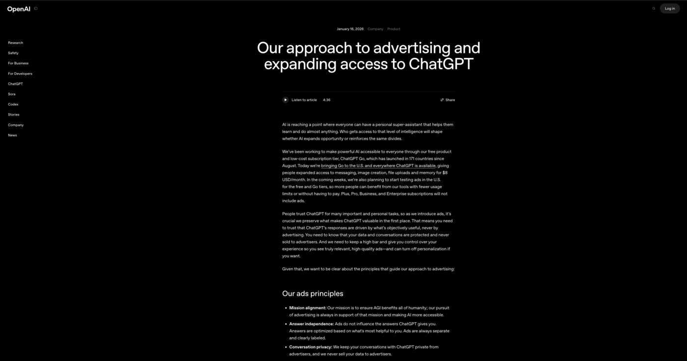 ChatGPT ads announcement